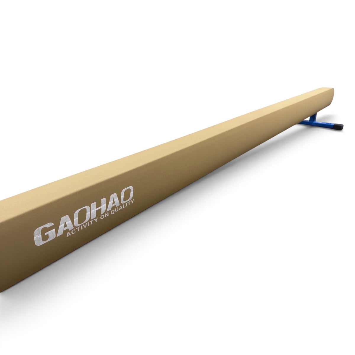 UK Gym Pits Gaofei low training gymnastics beam with tan anti-slip PU leather surface and blue steel support legs.
