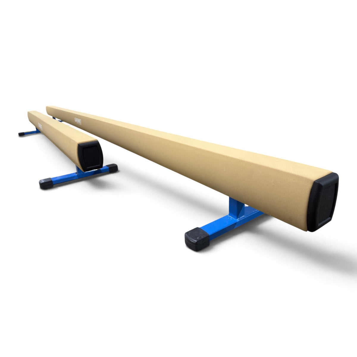 UK Gym Pits Gaofei low training gymnastics beam with tan anti-slip PU leather surface and blue steel support legs.