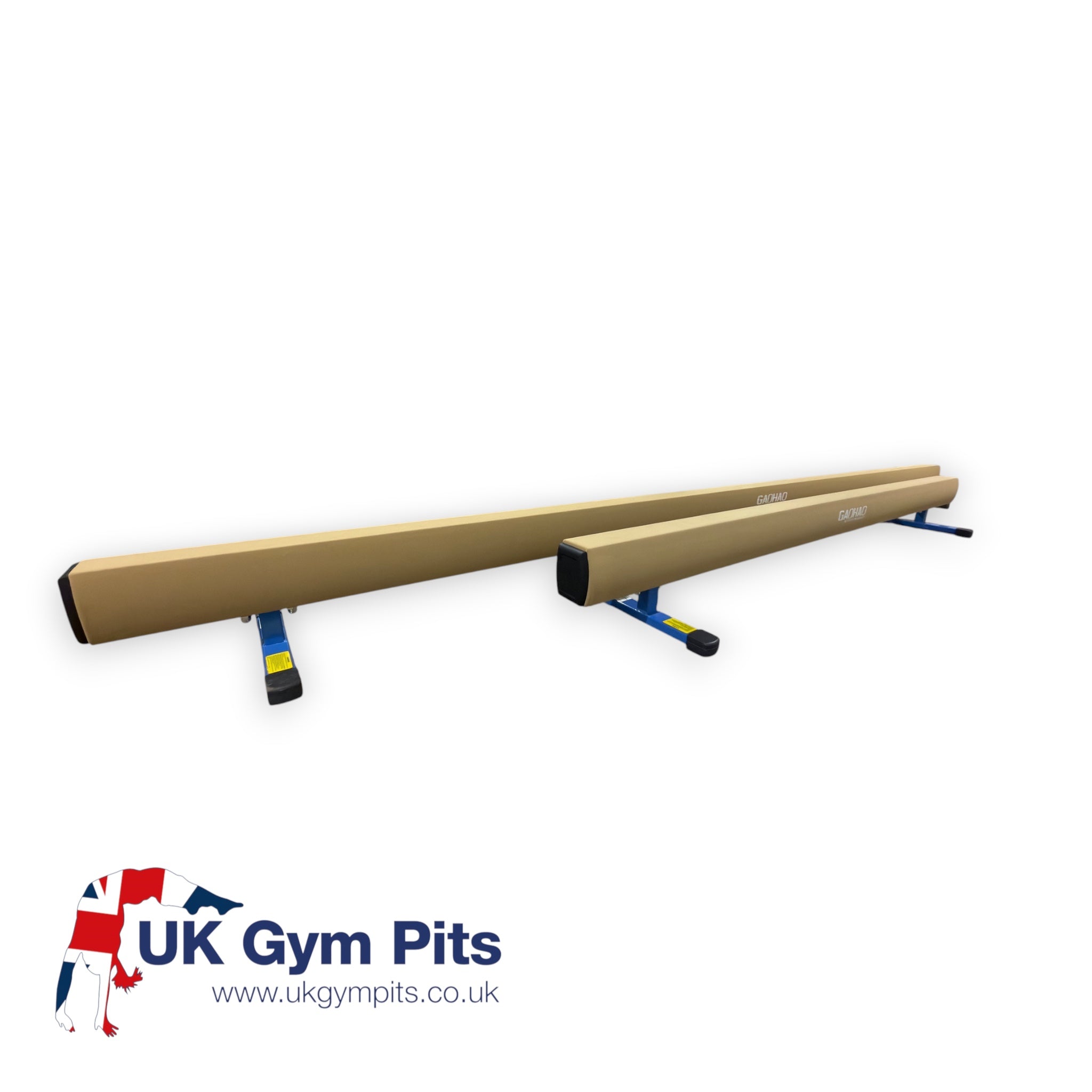 UK Gym Pits Gaofei low training gymnastics beam with tan anti-slip PU leather surface and blue steel support legs.