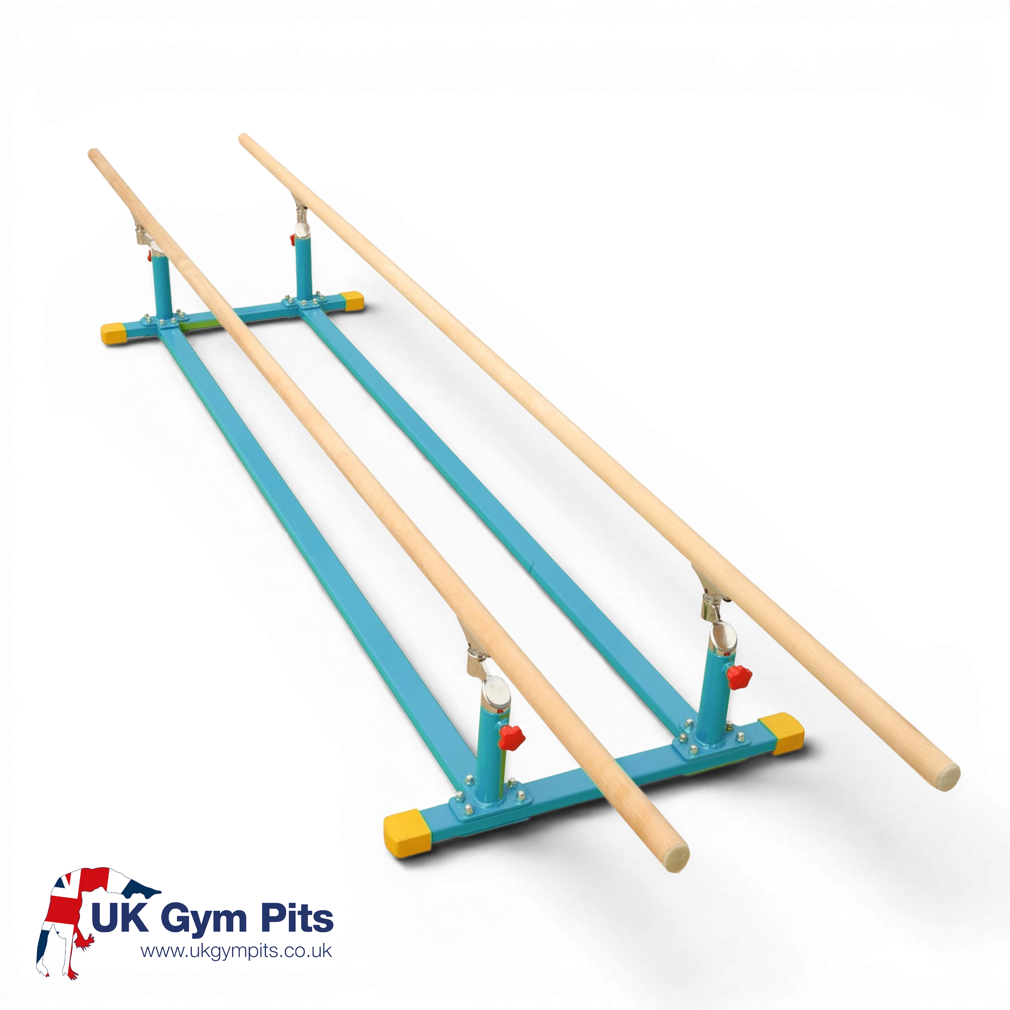 UK Gym Pits Gaofei low parallel bars with blue steel frame and adjustable fibreglass wood bars for gymnastics training