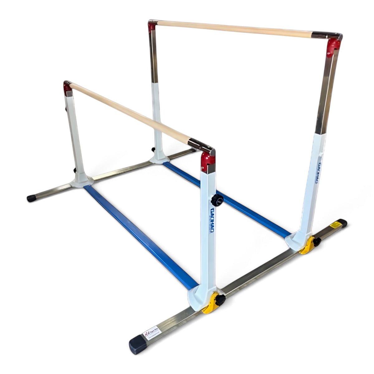 UK Gym Pits Gaofei mini asymmetric gymnastics bars with adjustable wooden rails and reinforced steel frame.