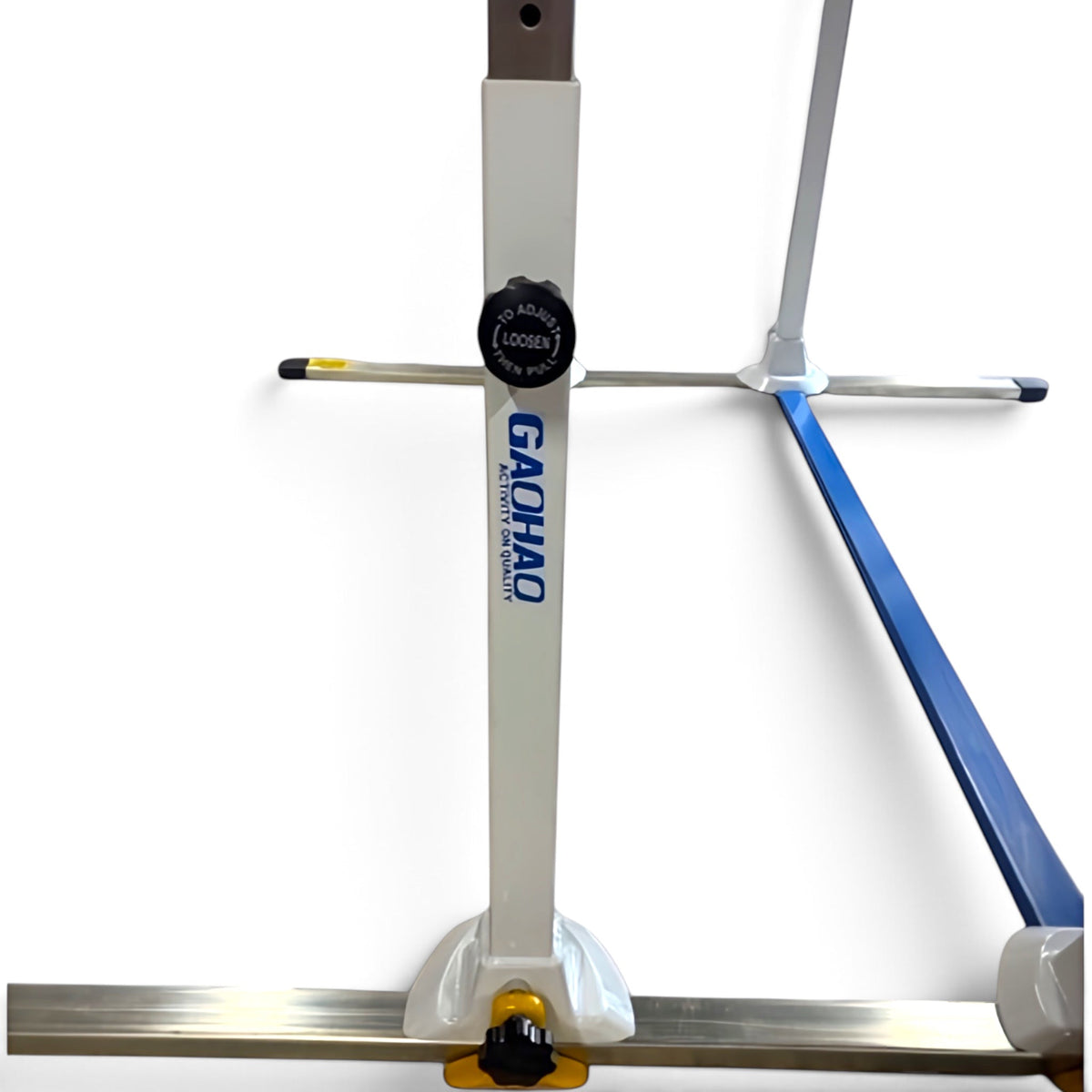 UK Gym Pits Gaofei mini asymmetric gymnastics bars with adjustable white steel frame and wooden rails for home training.