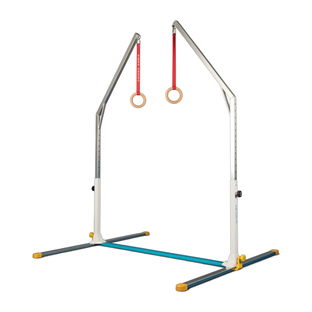 UK Gym Pits Gaofei mini gymnastics ring frame with adjustable steel structure, red straps, and wooden rings.