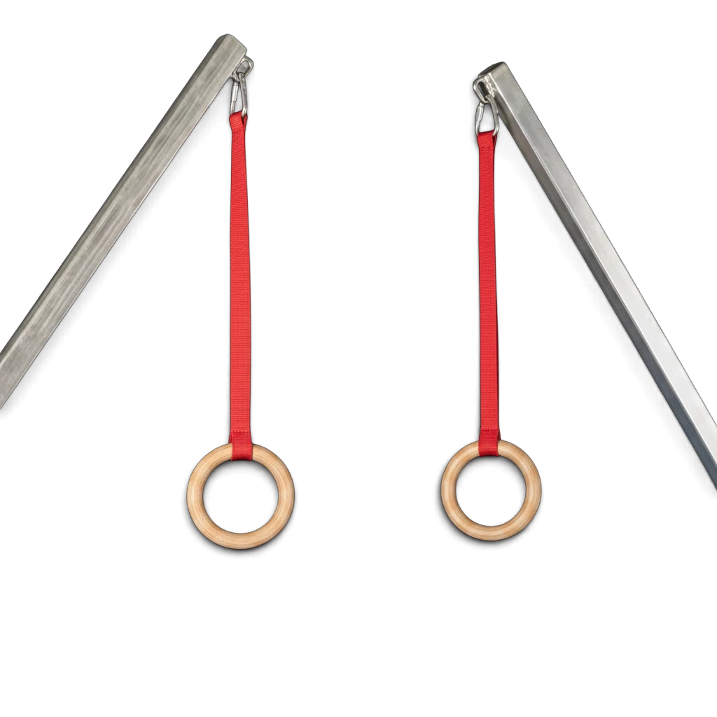 UK Gym Pits Gaofei mini ring frame featuring wooden gymnastics rings on red straps attached to a steel support frame