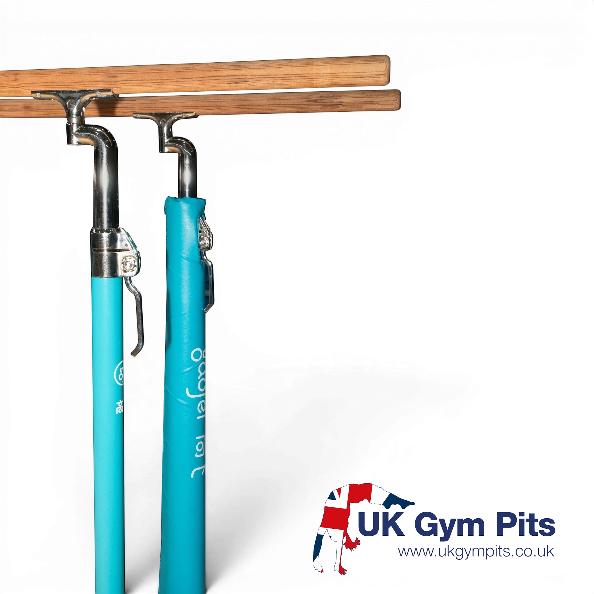 UK Gym Pits Gaofei blue PVC vinyl safety padding attached to parallel bar uprights with Velcro