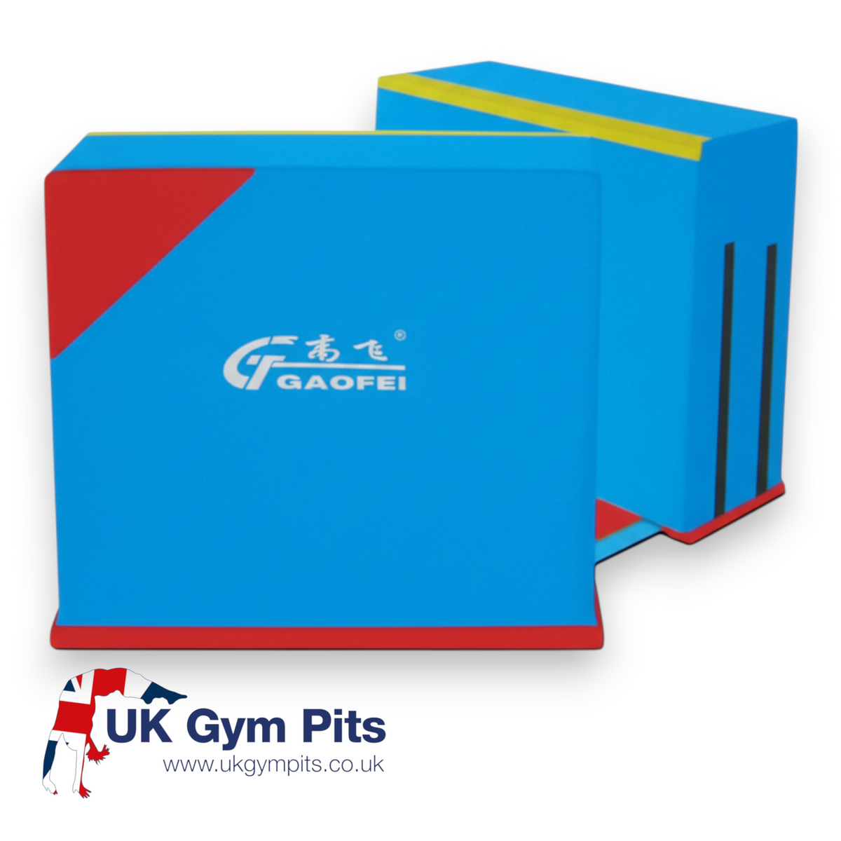 UK Gym Pits Gaofei blue foam parallel bars training blocks with red and yellow accents for gymnastics practice