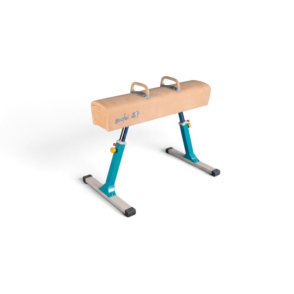 UK Gym Pits FIG approved Gaofei pommel horse with genuine leather body, wooden handles, and adjustable steel frame.