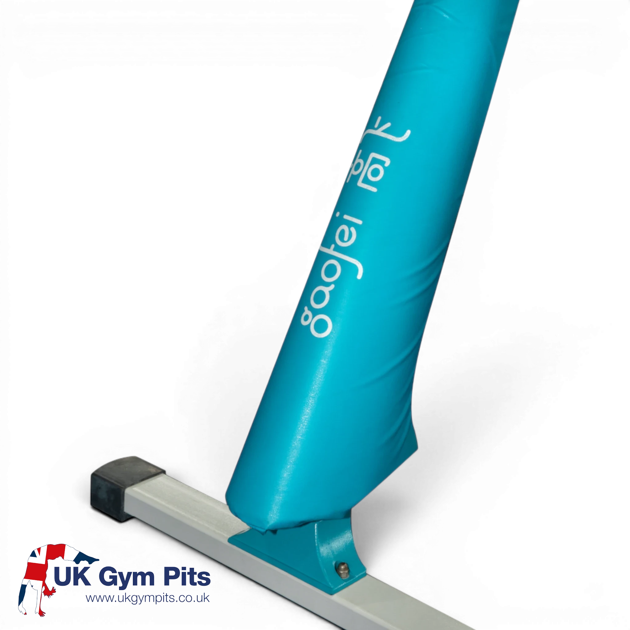 UK Gym Pits Gaofei turquoise PVC vinyl safety padding wrapped around a pommel horse leg for gymnastics protection.