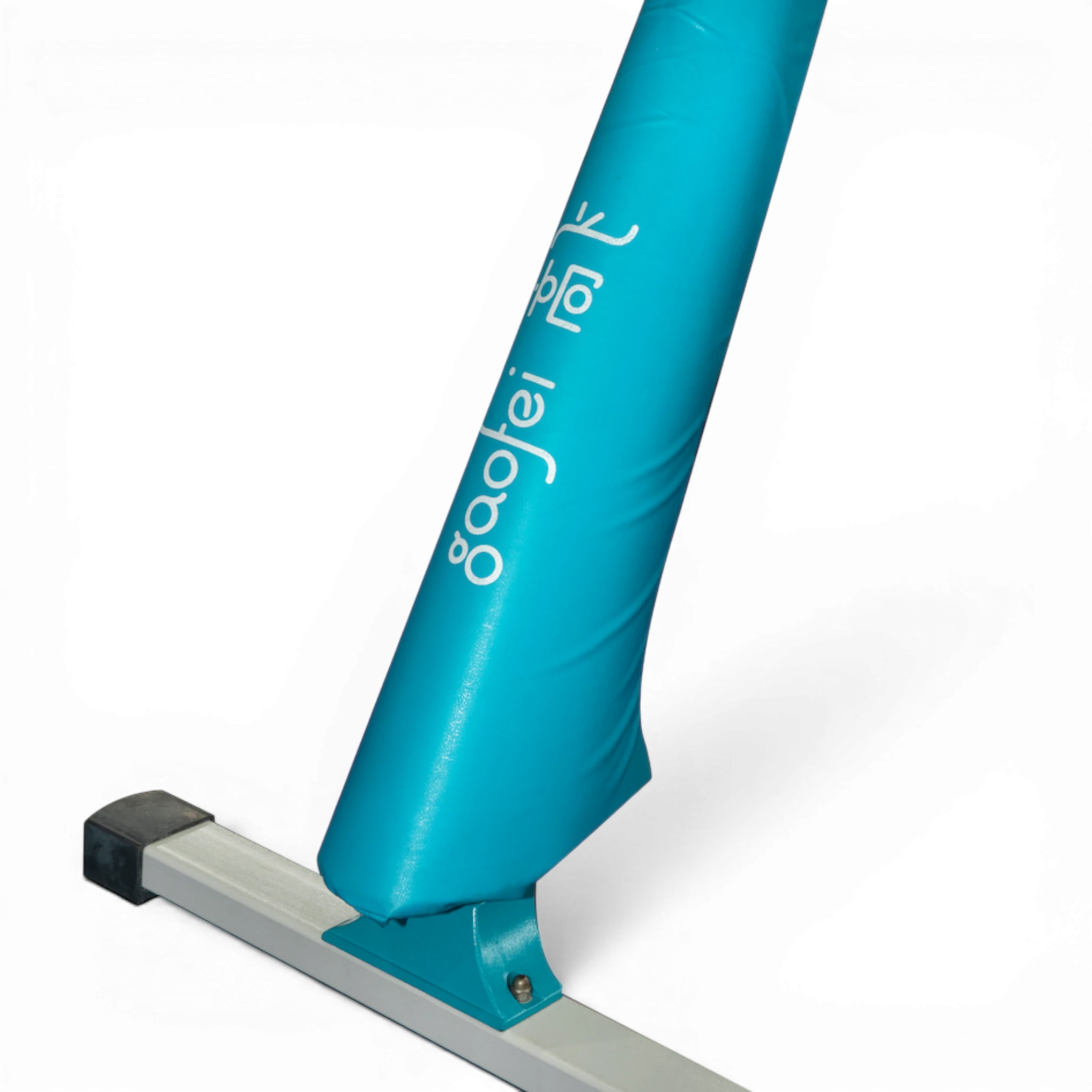 UK Gym Pits Gaofei pommel horse leg padding in bright blue with white logo on a steel frame base