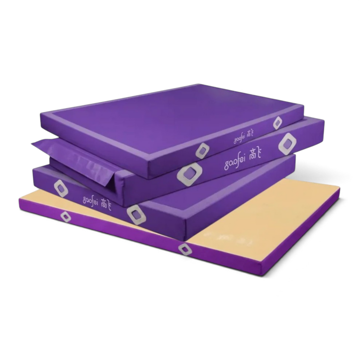 UK Gym Pits Gaofei purple FIG approved gymnastics beam landing mats stacked for training and competition use.