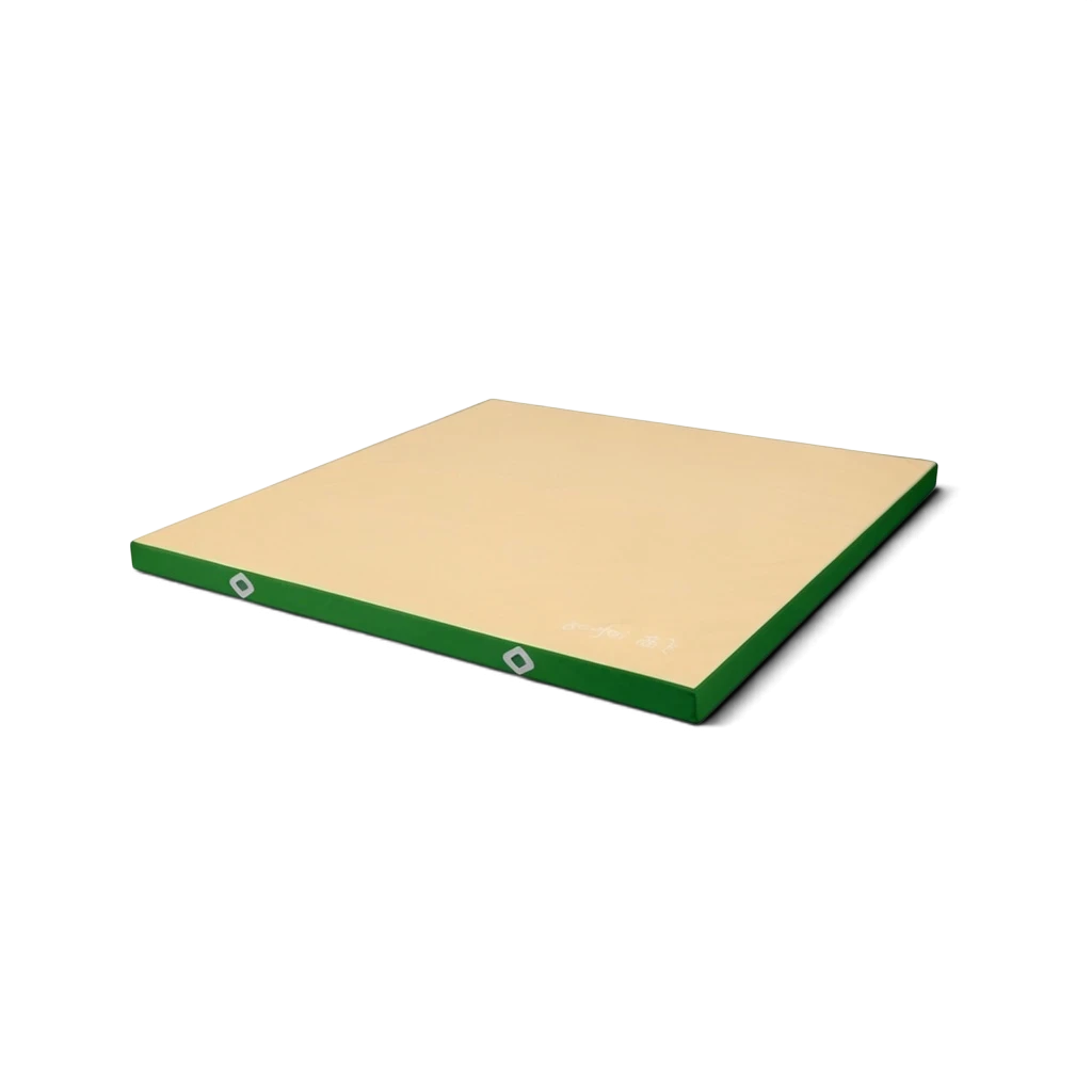 UK Gym Pits FIG approved soft topper gymnastics landing mat with a beige jersey top and green PVC sides.