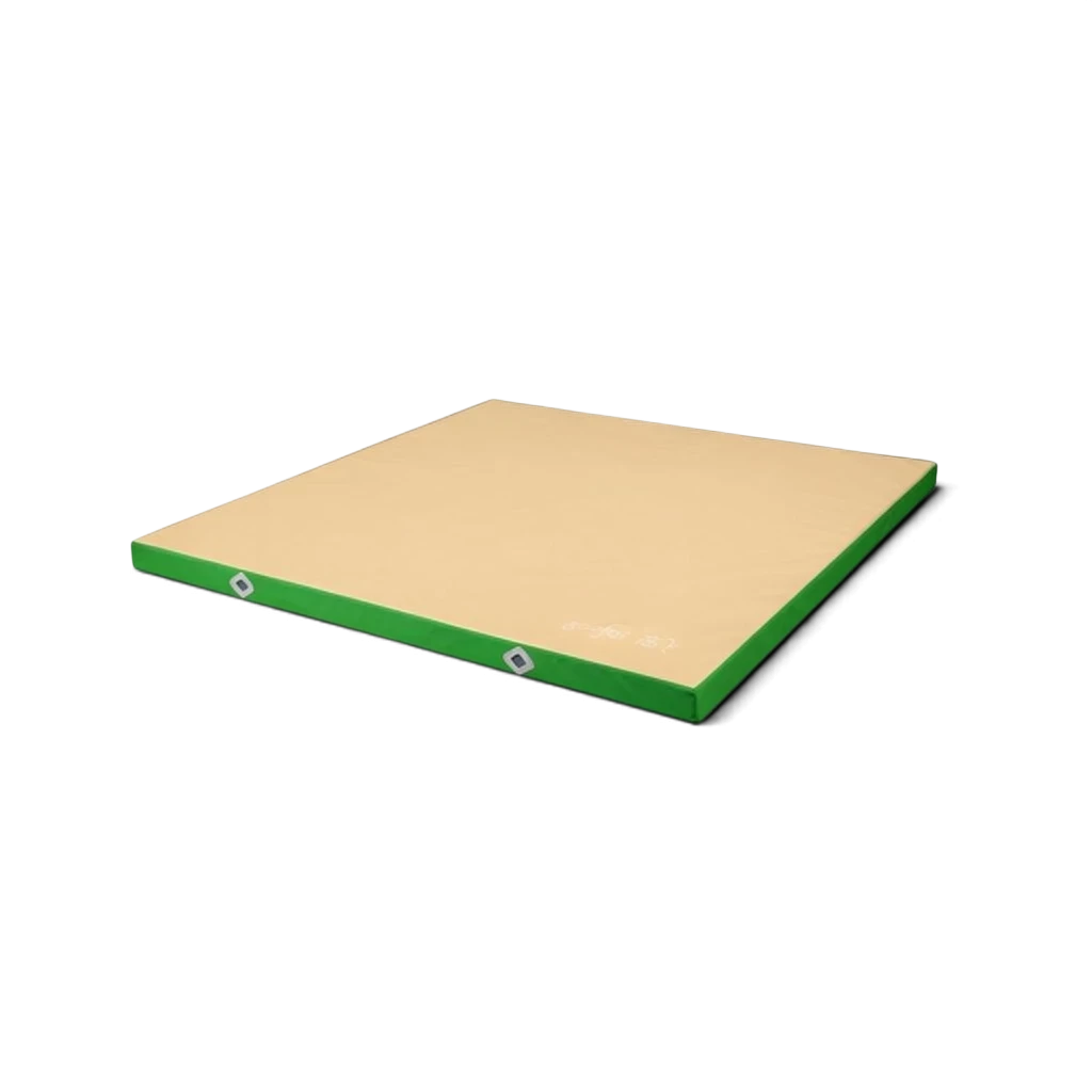 UK Gym Pits FIG approved soft topper landing mat with a beige jersey top and green PVC sides for gymnastics training.