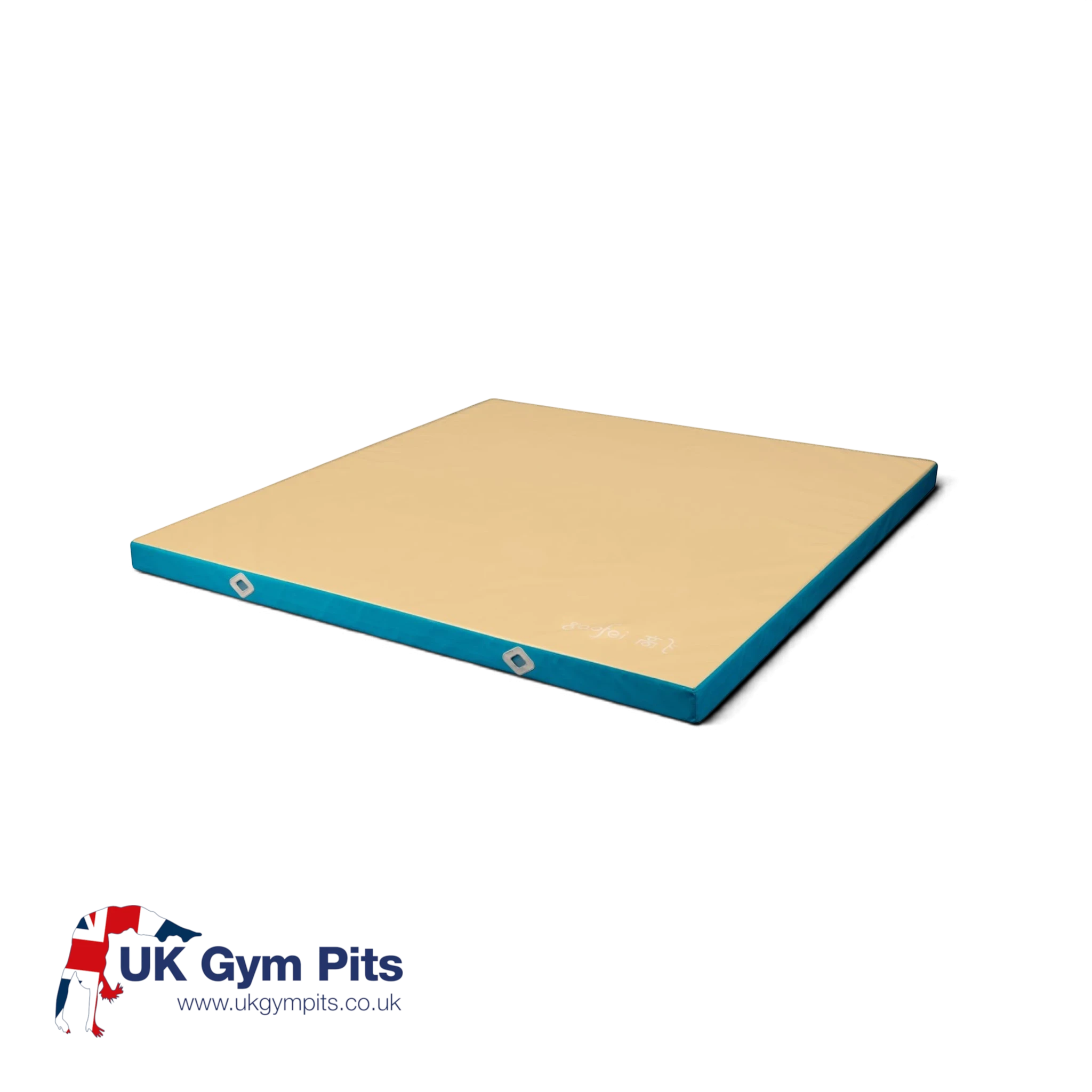 UK Gym Pits Gaofei FIG approved soft topper landing mat with a tan jersey top and blue PVC sides for gymnastics.