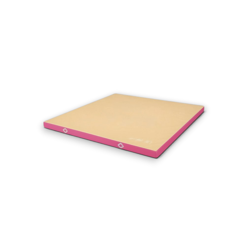 UK Gym Pits Gaofei FIG approved soft topper landing mat with a beige jersey top and pink PVC vinyl sides.