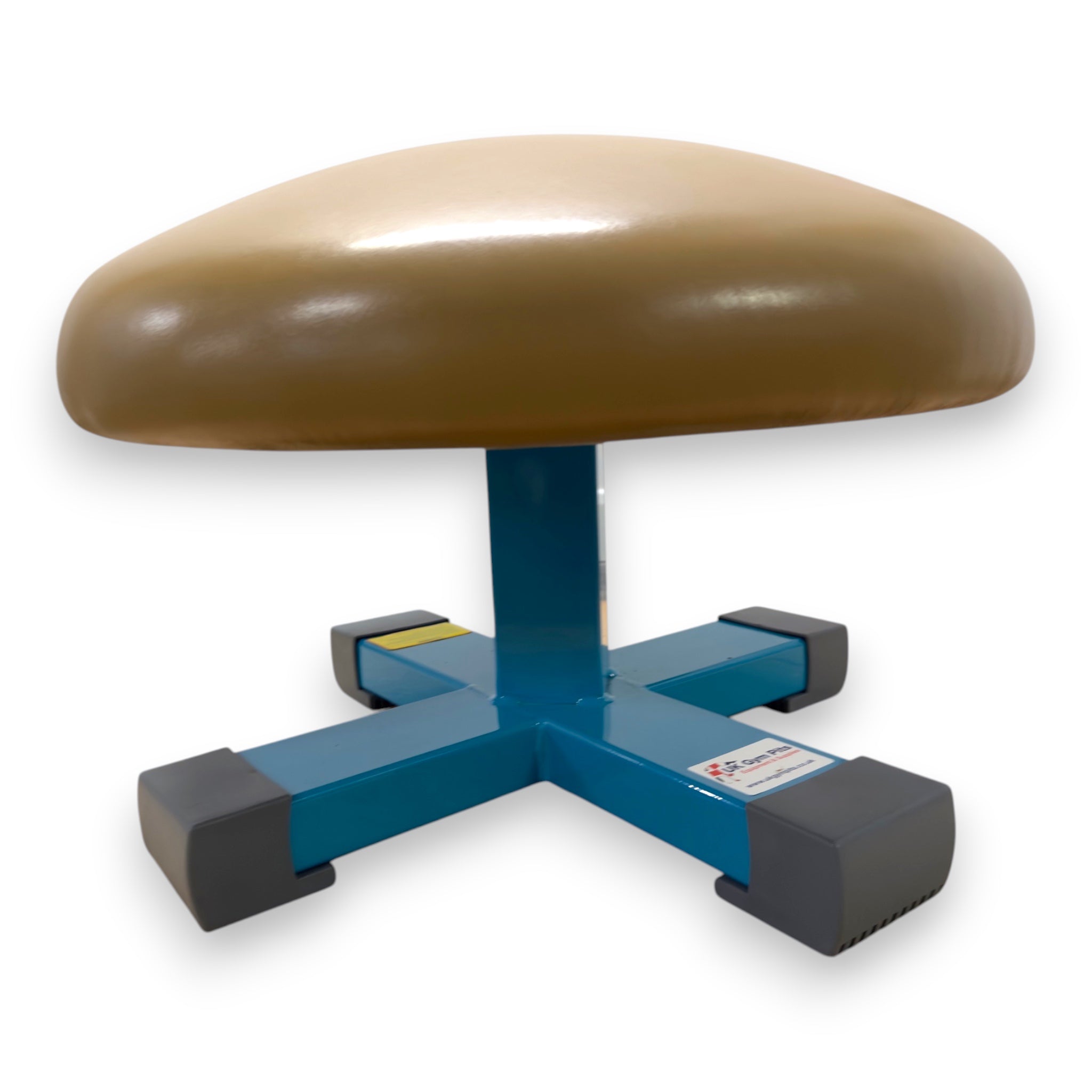 UK Gym Pits Gaofei training mushroom with a tan leatherette top and blue steel base for gymnastics practice.