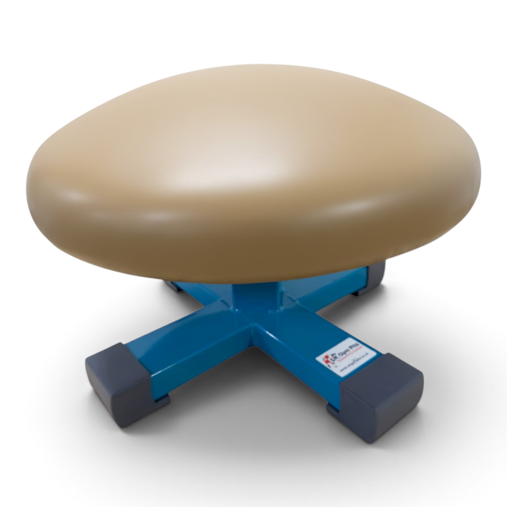 UK Gym Pits Gaofei training mushroom with a beige PU leatherette top and a sturdy blue steel base for gymnastics.