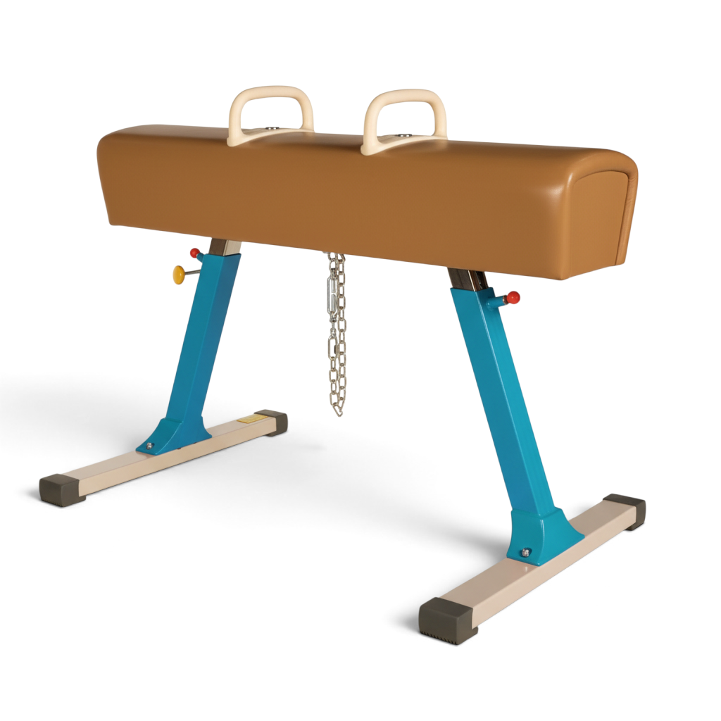 UK Gym Pits Gaofei training pommel horse with brown leatherette body, blue steel legs, and adjustable wooden handles.