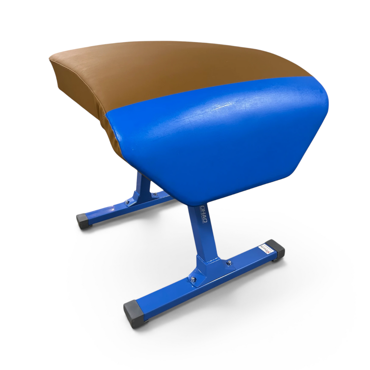 UK Gym Pits Gaofei gymnastics training vaulting table with a blue and brown leatherette body and blue steel frame.