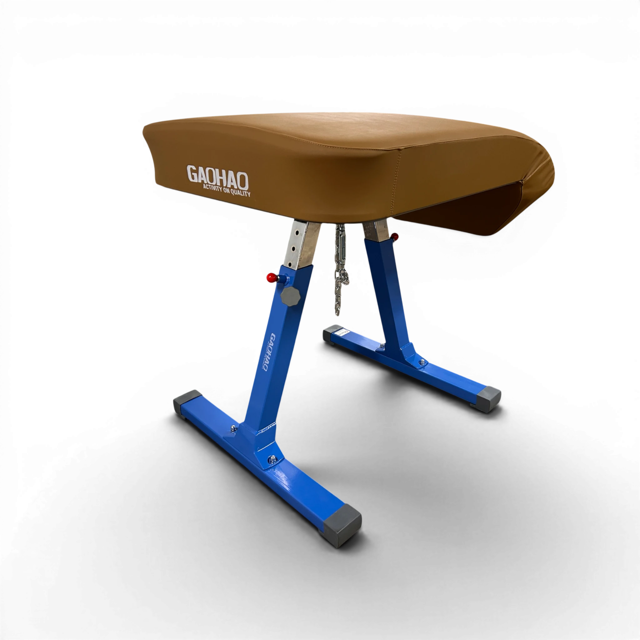 UK Gym Pits Gaofei training vaulting table with brown leatherette top and blue powder-coated steel frame