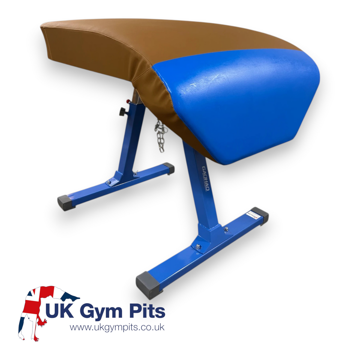 UK Gym Pits Gaofei training vaulting table with brown and blue padded top and blue steel frame on white background