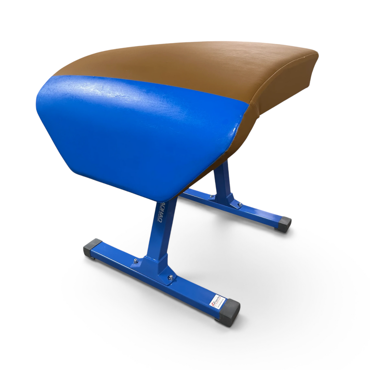 UK Gym Pits Gaofei gymnastics vaulting table with brown and blue leatherette body and blue steel frame.