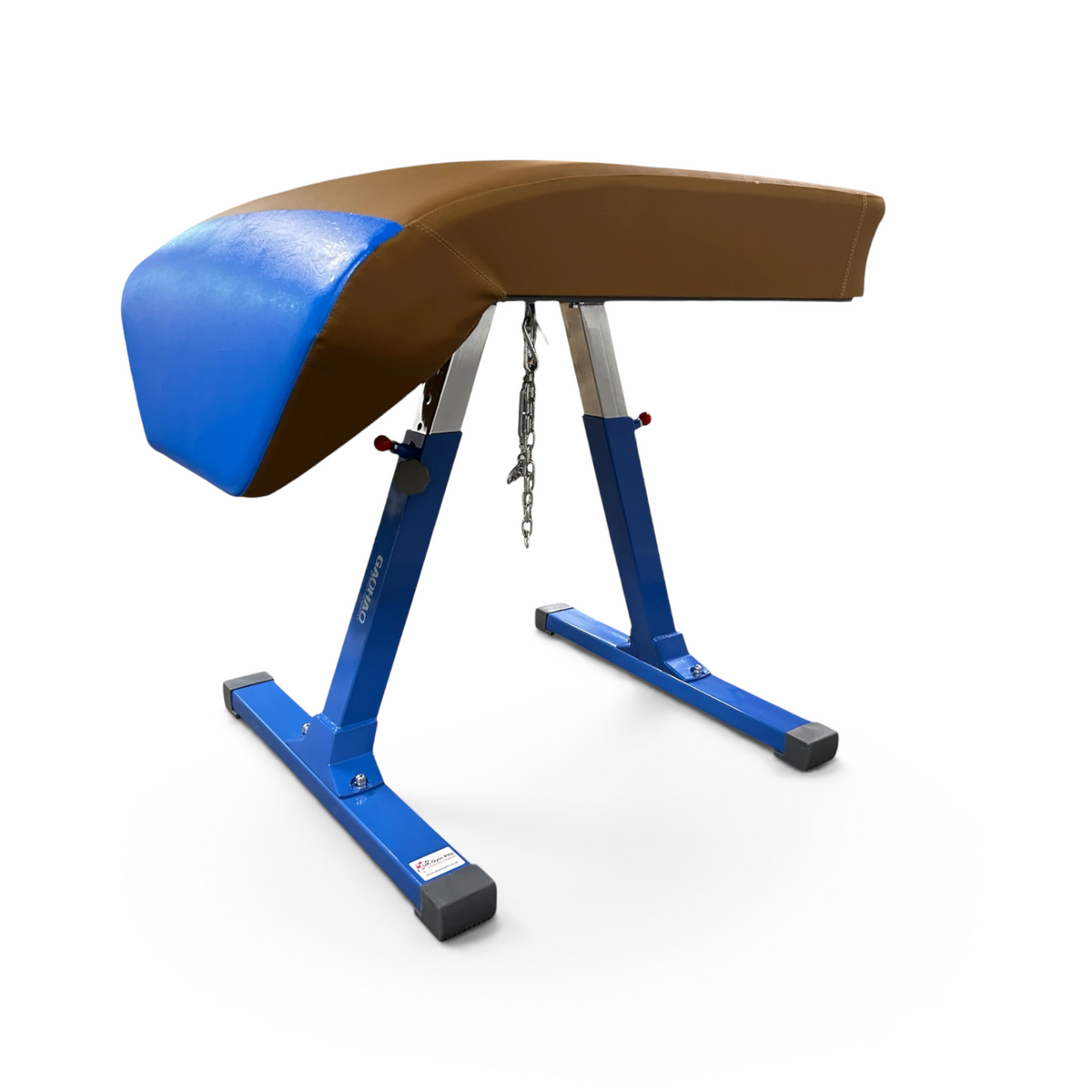 UK Gym Pits Gaofei gymnastics training vaulting table with brown and blue padded body and blue steel frame.