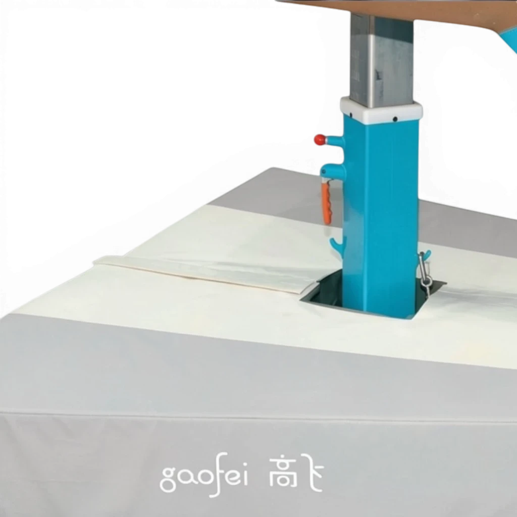 UK Gym Pits Gaofei vault table base safety mat in grey PVC vinyl with Velcro attachment around a blue vault stand