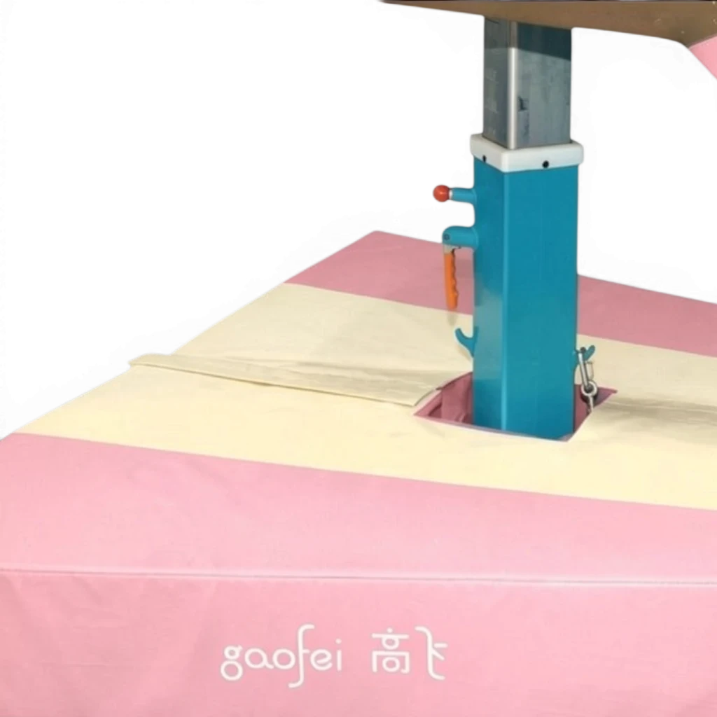 UK Gym Pits Gaofei vault table base safety mat in pink and cream PVC vinyl with Velcro closure around the base