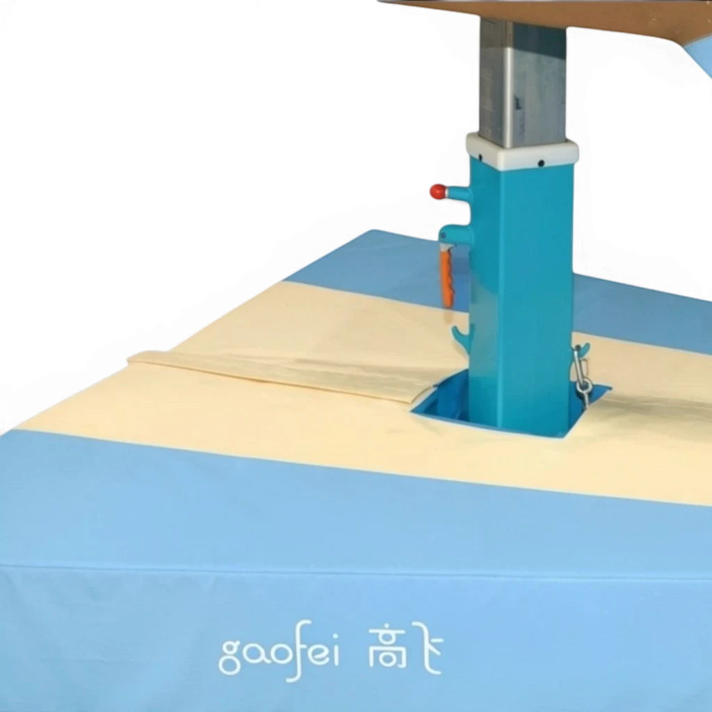 UK Gym Pits Gaofei vault table base safety mat in blue and cream PVC vinyl with Velcro attachment for gymnastics