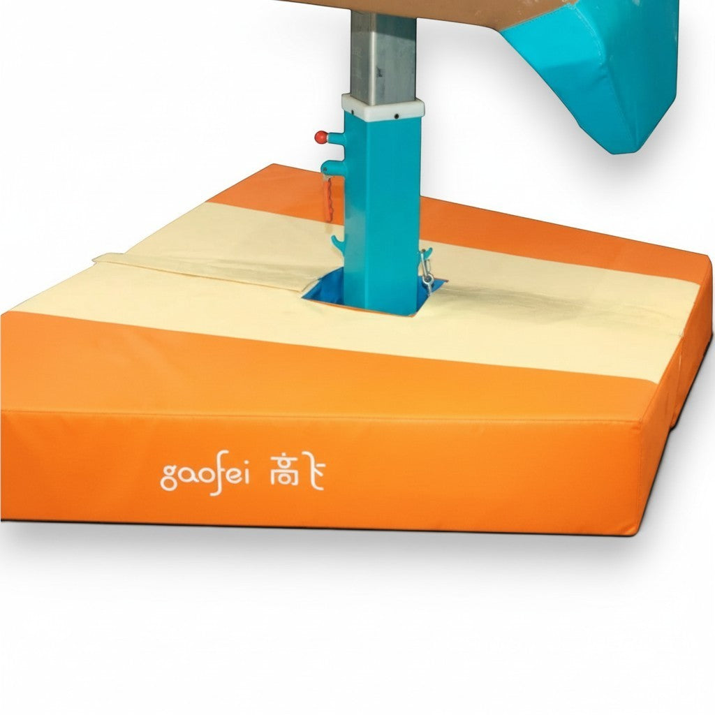 UK Gym Pits Gaofei vault table safety mat in orange and beige PVC vinyl with angular design around a vault base