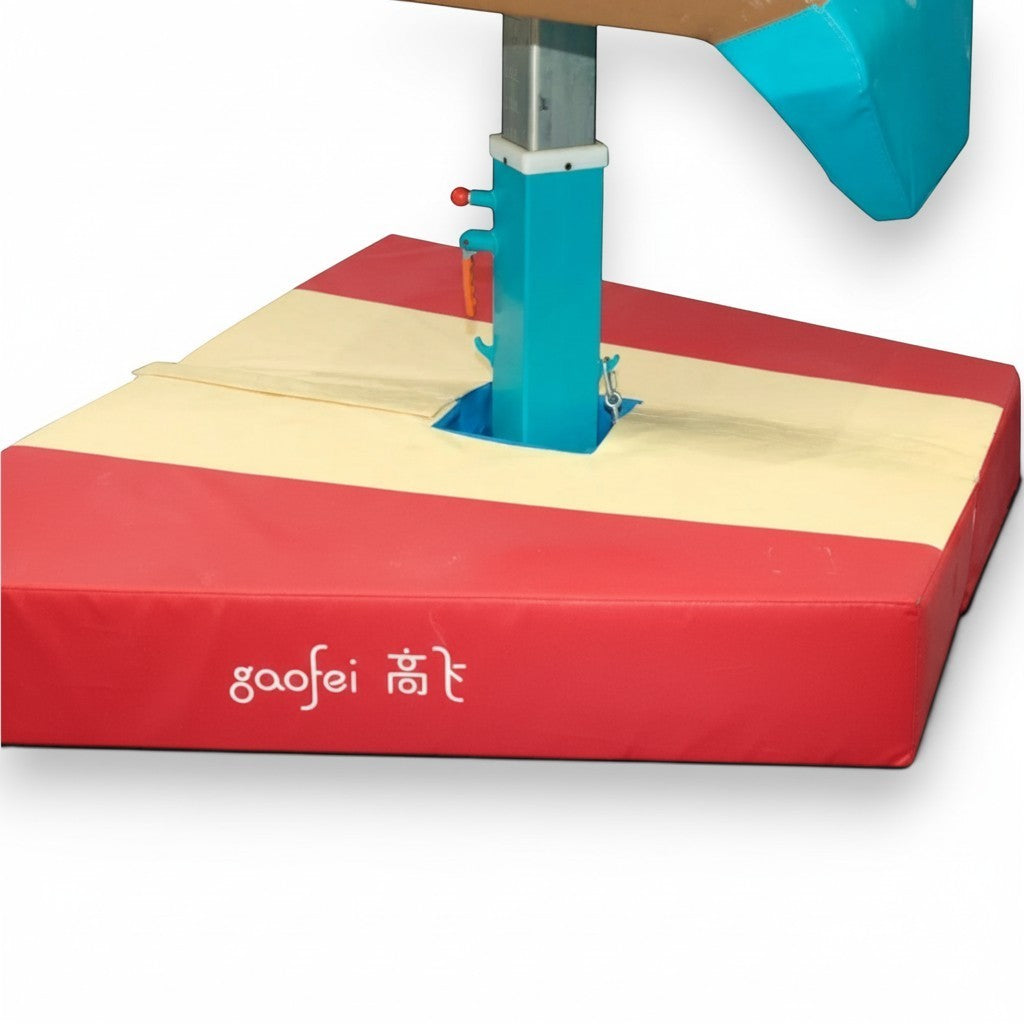 UK Gym Pits Gaofei vault table base safety mat in red and cream PVC vinyl with angular design for gymnastics safety