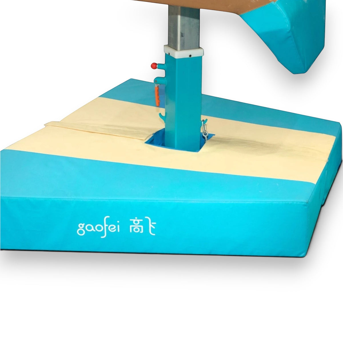 UK Gym Pits Gaofei vault table base safety mat in blue and beige PVC vinyl with angular design for gymnastics safety
