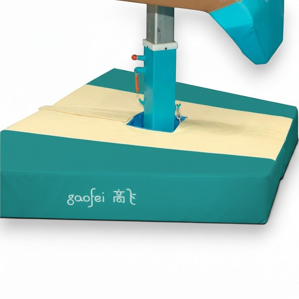 UK Gym Pits Gaofei vault table base safety mat in teal and cream PVC vinyl with angular design for gymnastics safety