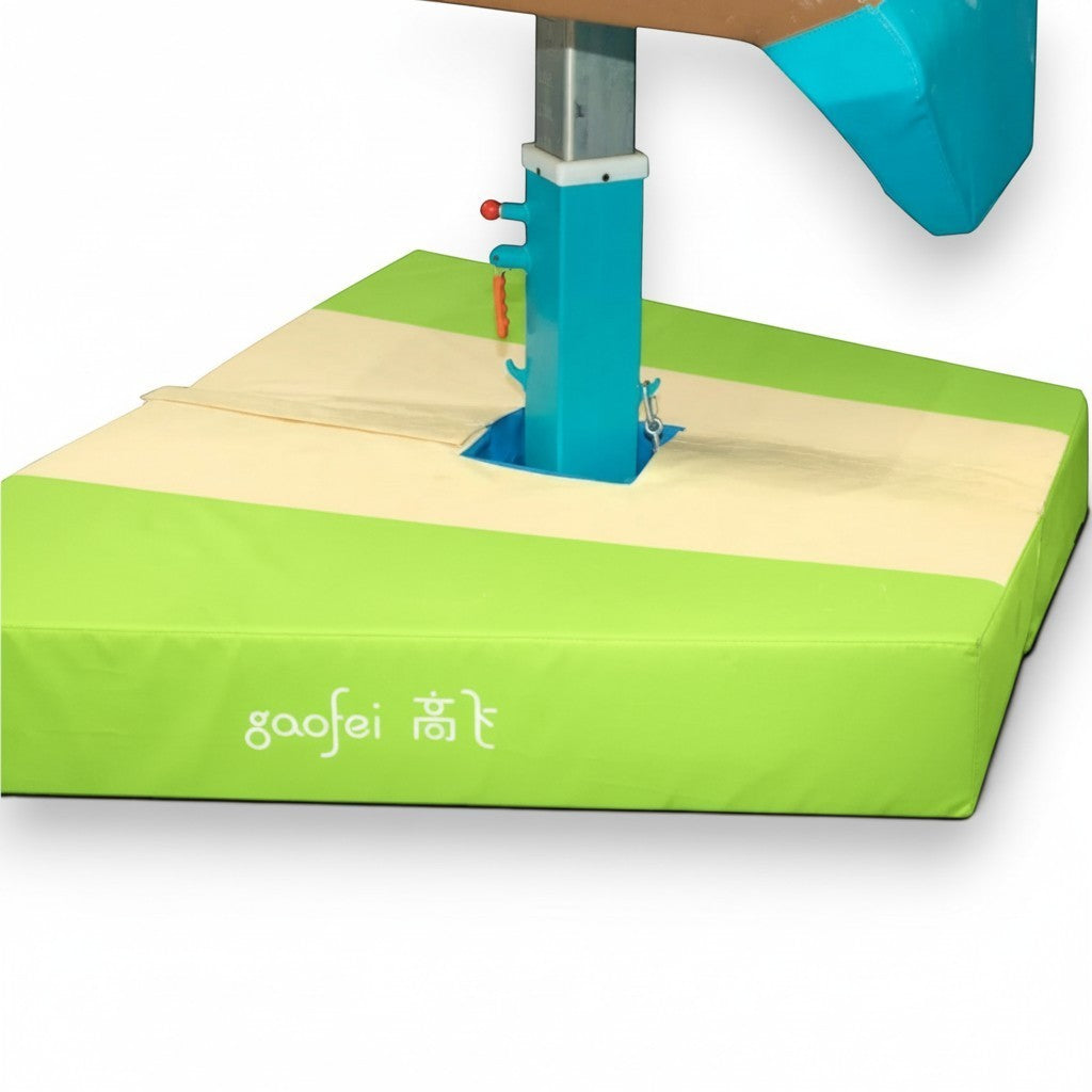 UK Gym Pits Gaofei vault table base safety mat in lime green and beige PVC vinyl with angular design