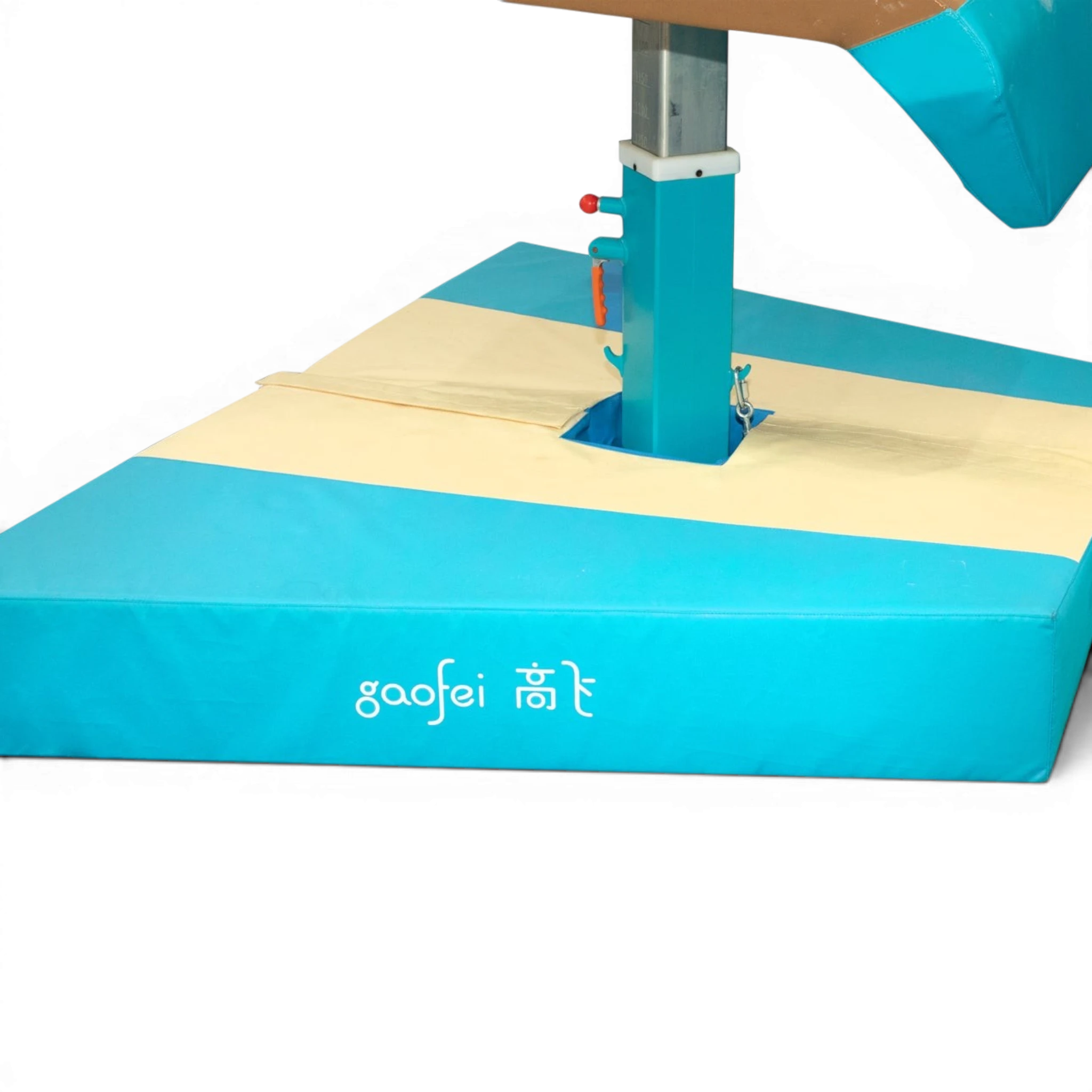 UK Gym Pits Gaofei FIG approved vaulting table base with blue and cream protective floor padding