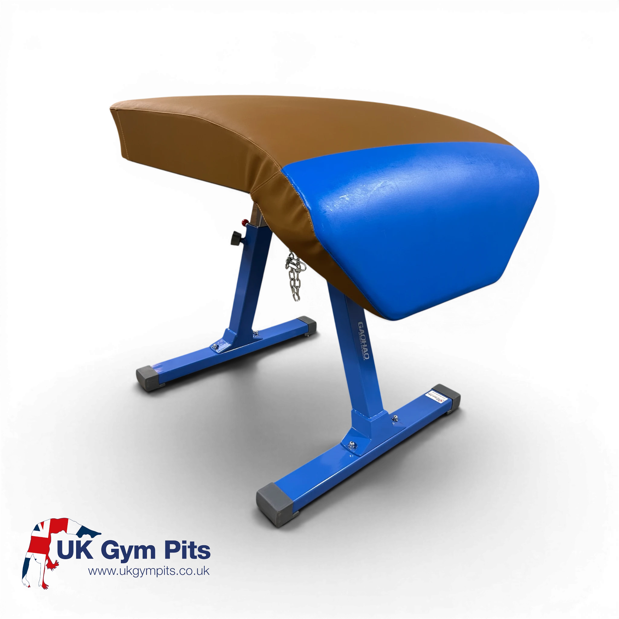 UK Gym Pits Gaofei training vaulting table with brown and blue padded body and adjustable steel frame