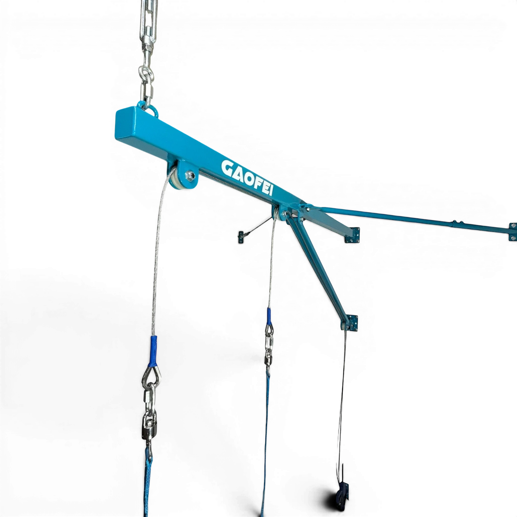 UK Gym Pits Gaofei wall-mountable gymnastics training rings with blue powder-coated steel frame and cabling system.