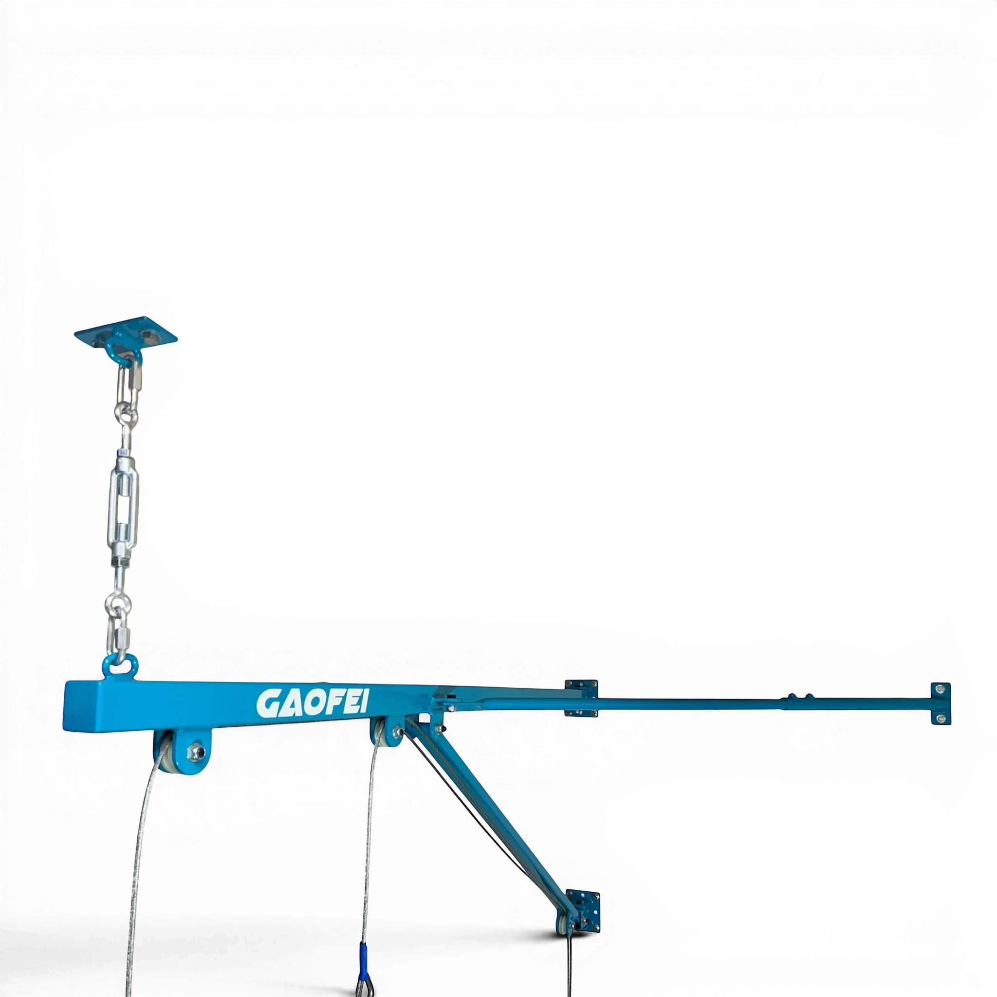 UK Gym Pits Gaofei wall mountable gymnastics training rings with blue powder coated steel frame and cabling system.
