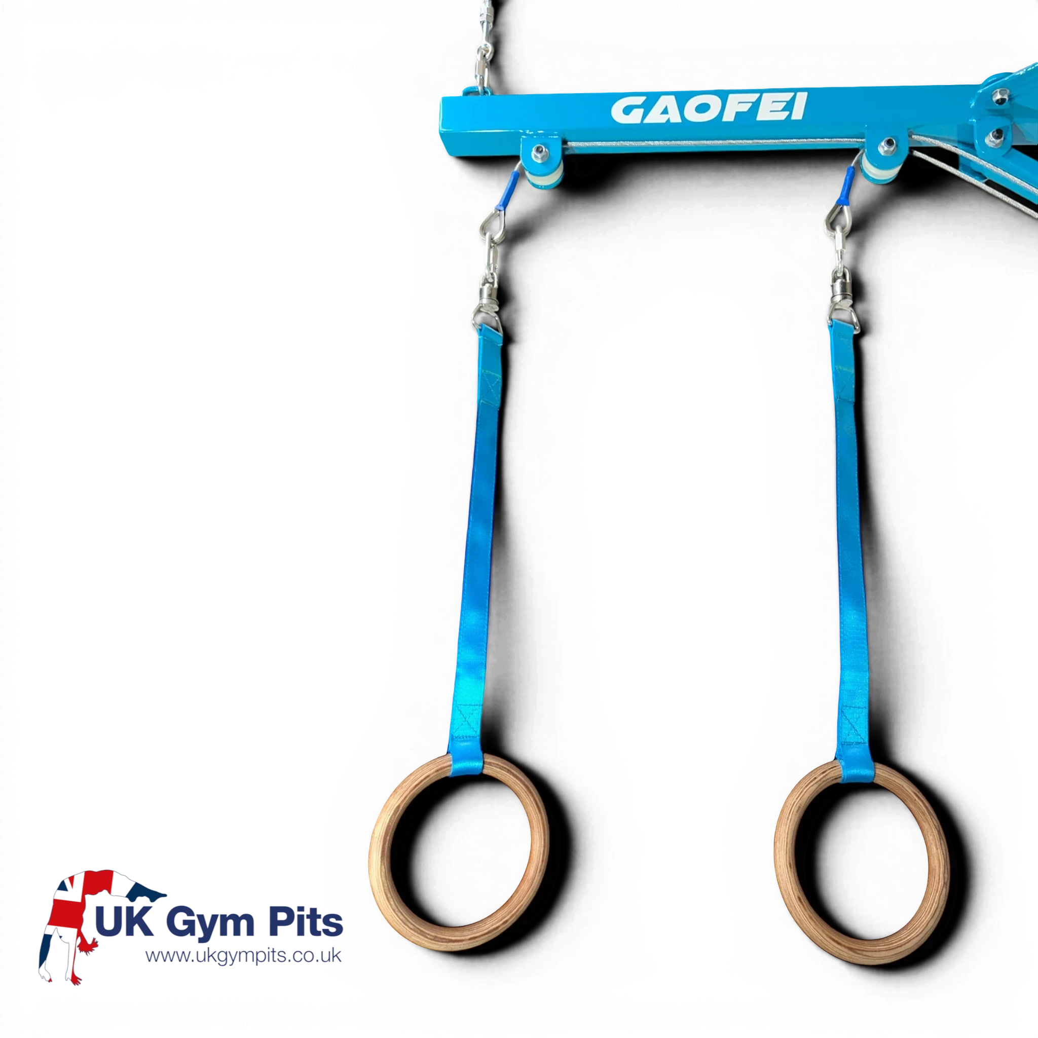 UK Gym Pits Gaofei wall-mounted gymnastics training rings with blue powder-coated steel frame and wooden rings