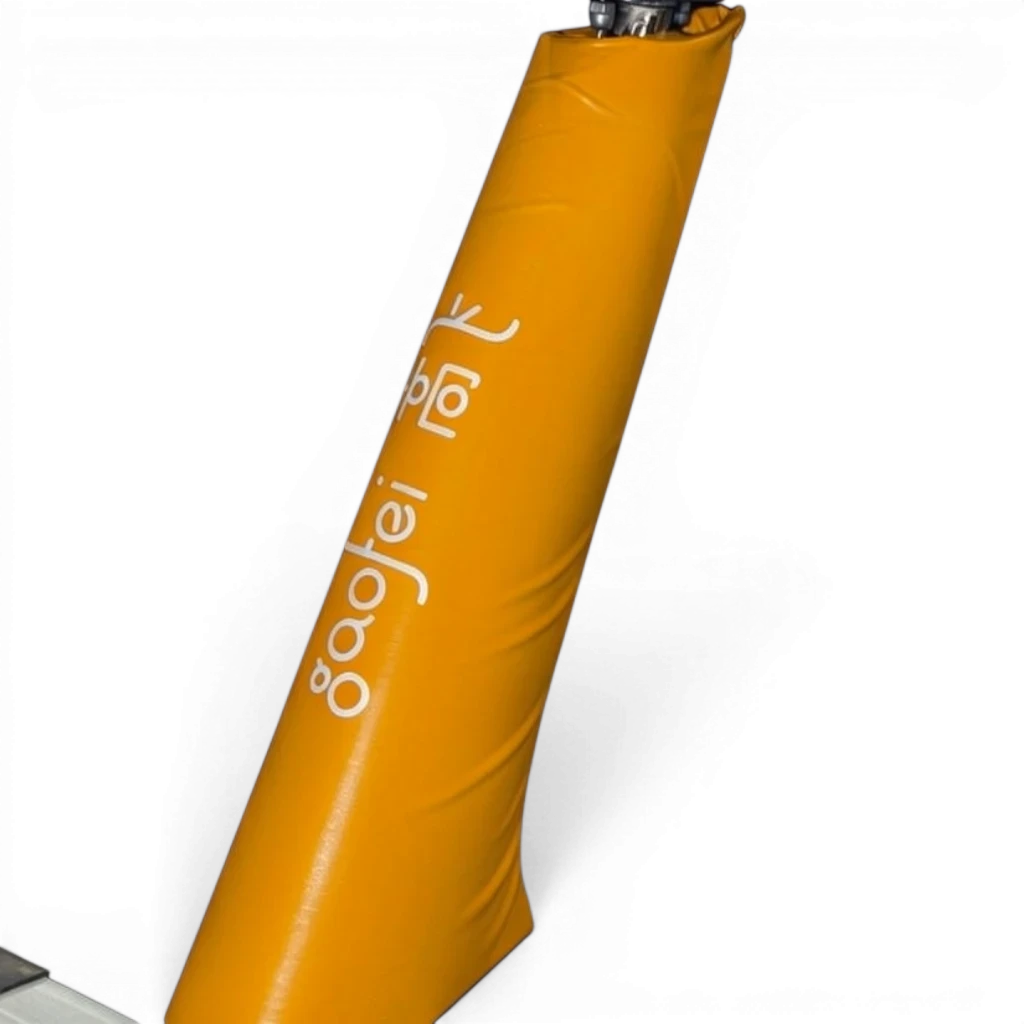 UK Gym Pits Gaofei yellow PVC vinyl safety padding wrapped around a gymnastics beam leg with Velcro closure