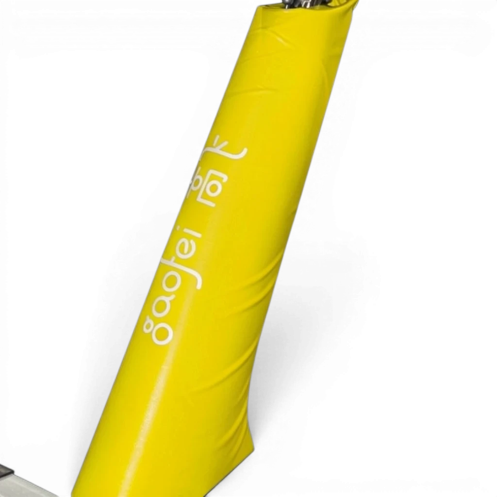 UK Gym Pits Gaofei yellow PVC vinyl safety padding wrapped around a gymnastics beam leg with Velcro closure.