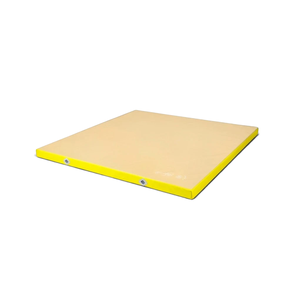 UK Gym Pits FIG approved yellow soft topper gymnastics landing mat with jersey fabric top and mesh air vents