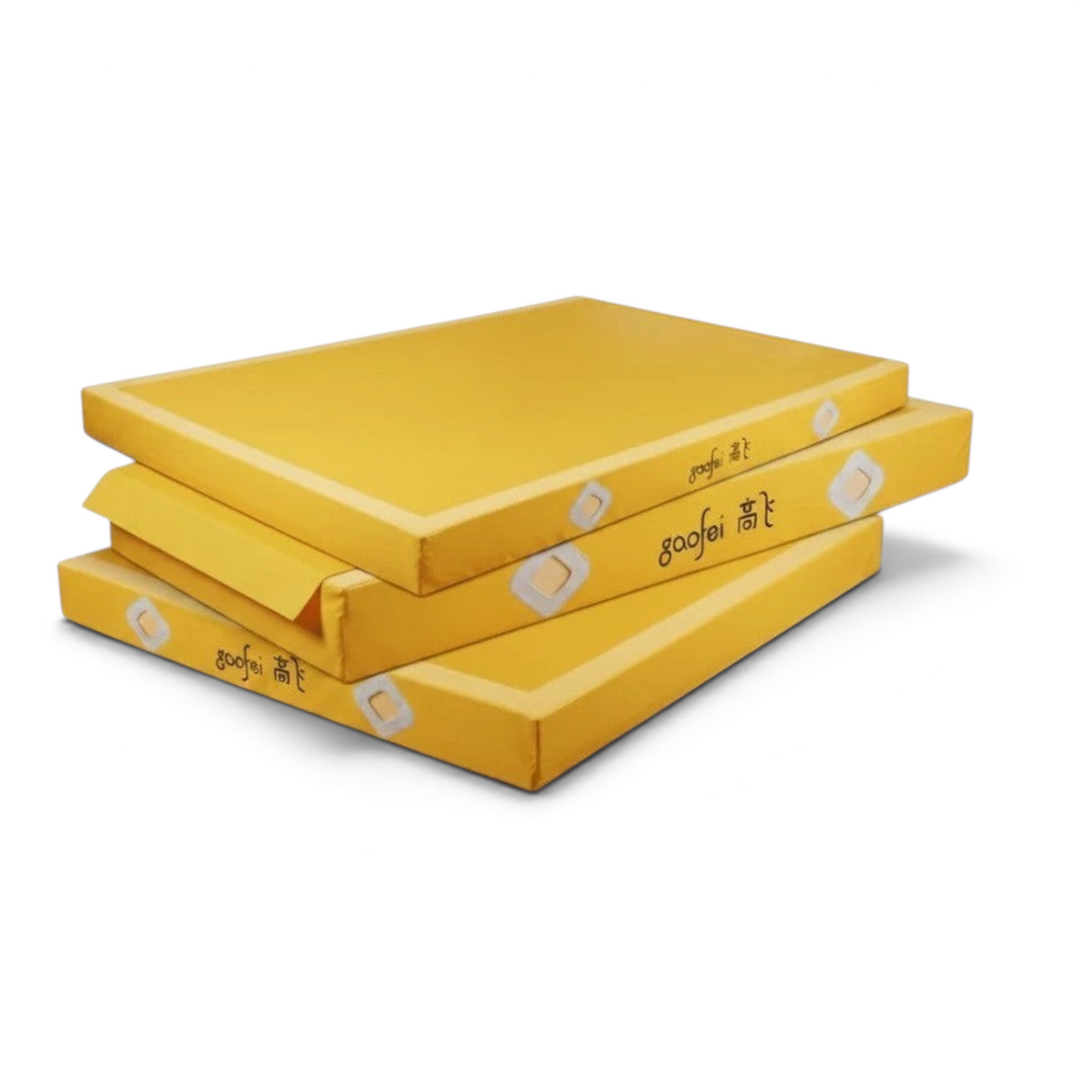 UK Gym Pits Gaofei yellow FIG approved gymnastics beam landing mats stacked for storage