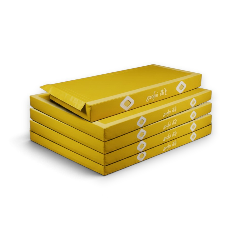 UK Gym Pits Gaofei yellow asymmetric bars landing mats stacked for storage with durable PVC vinyl finish