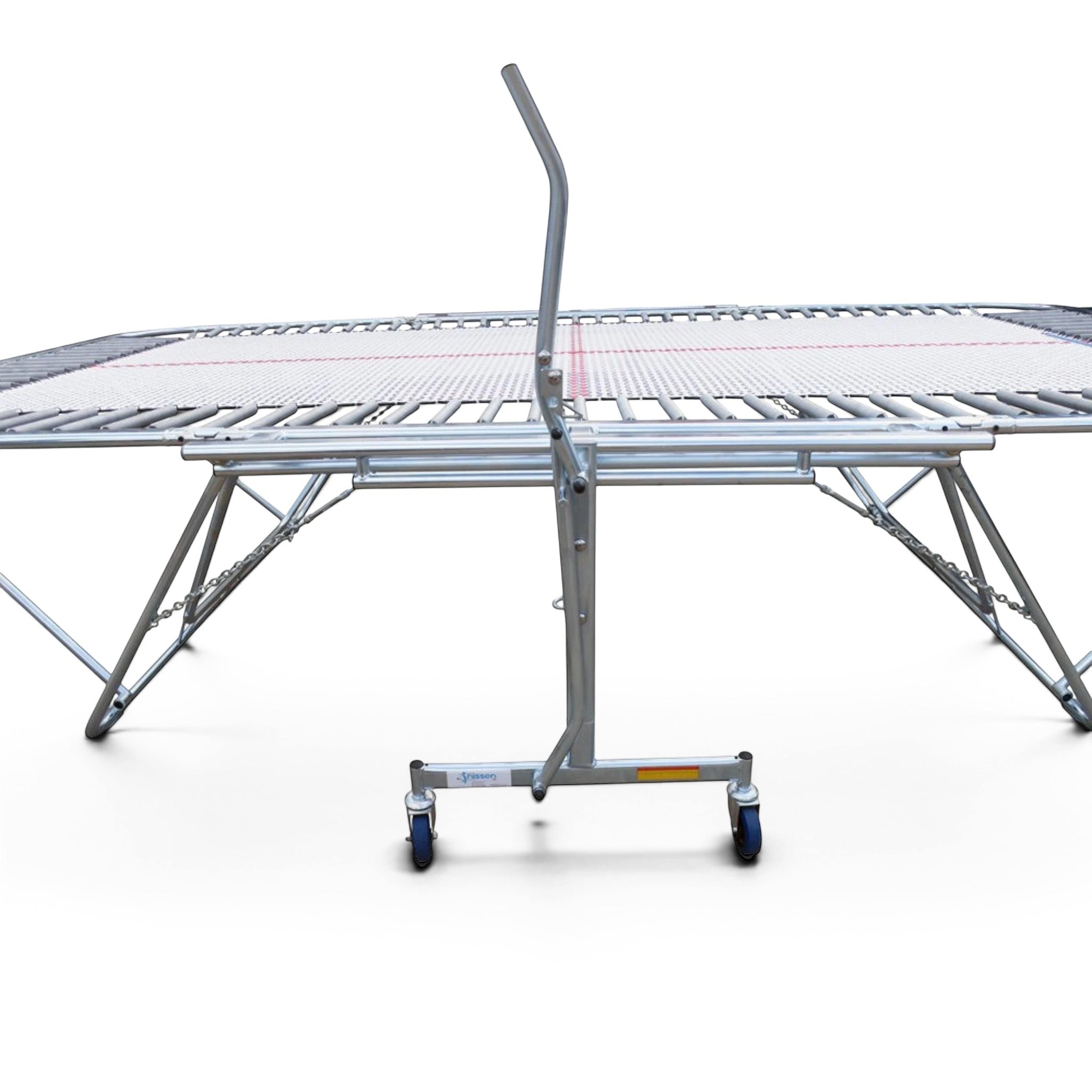 UK Gym Pits GM Extreme competition trampoline with 4mm by 6mm web bed and roller stand for gymnastic training