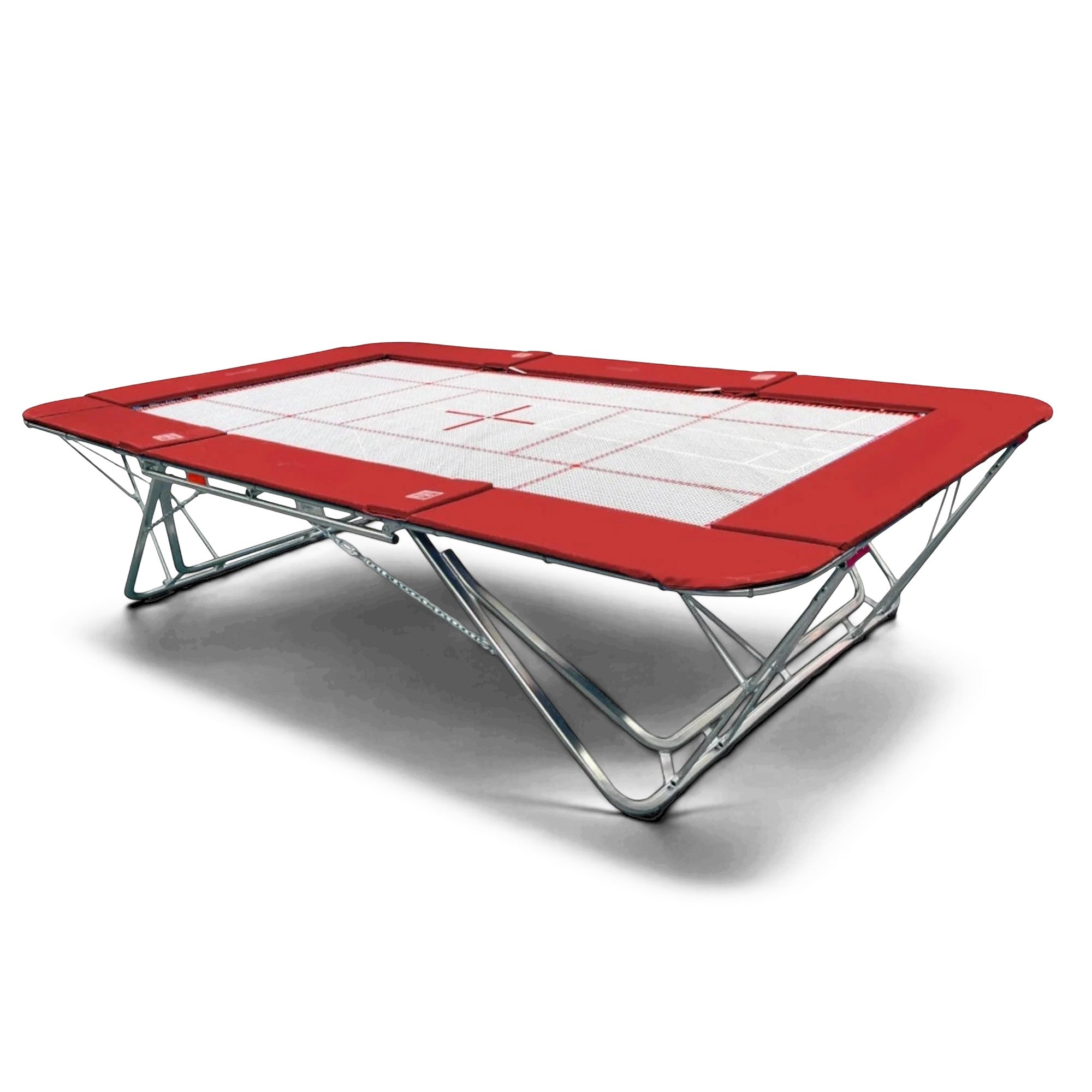 UK Gym Pits GM Extreme competition trampoline with a white 4mm by 6mm web bed and red protective frame pads.