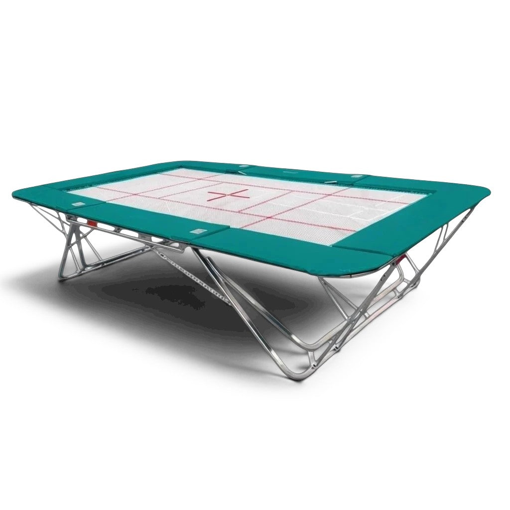 UK Gym Pits GM Extreme competition trampoline with a 4mm by 6mm white web bed and teal green frame pads.