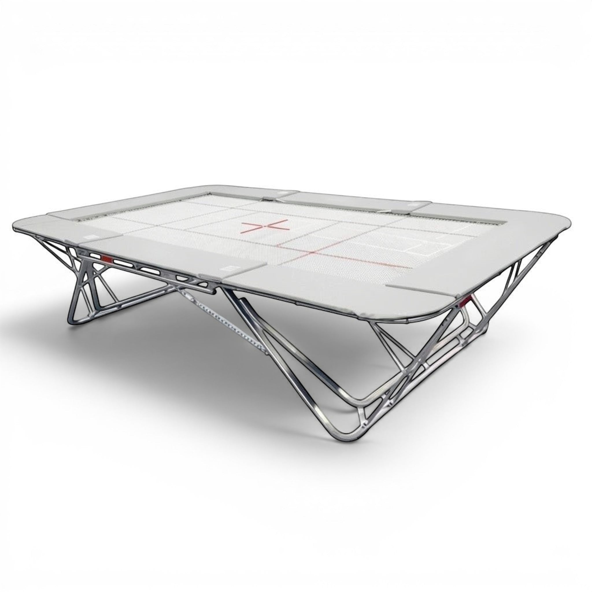 UK Gym Pits GM Extreme competition trampoline with a 6mm web bed and protective frame pads on a white background.