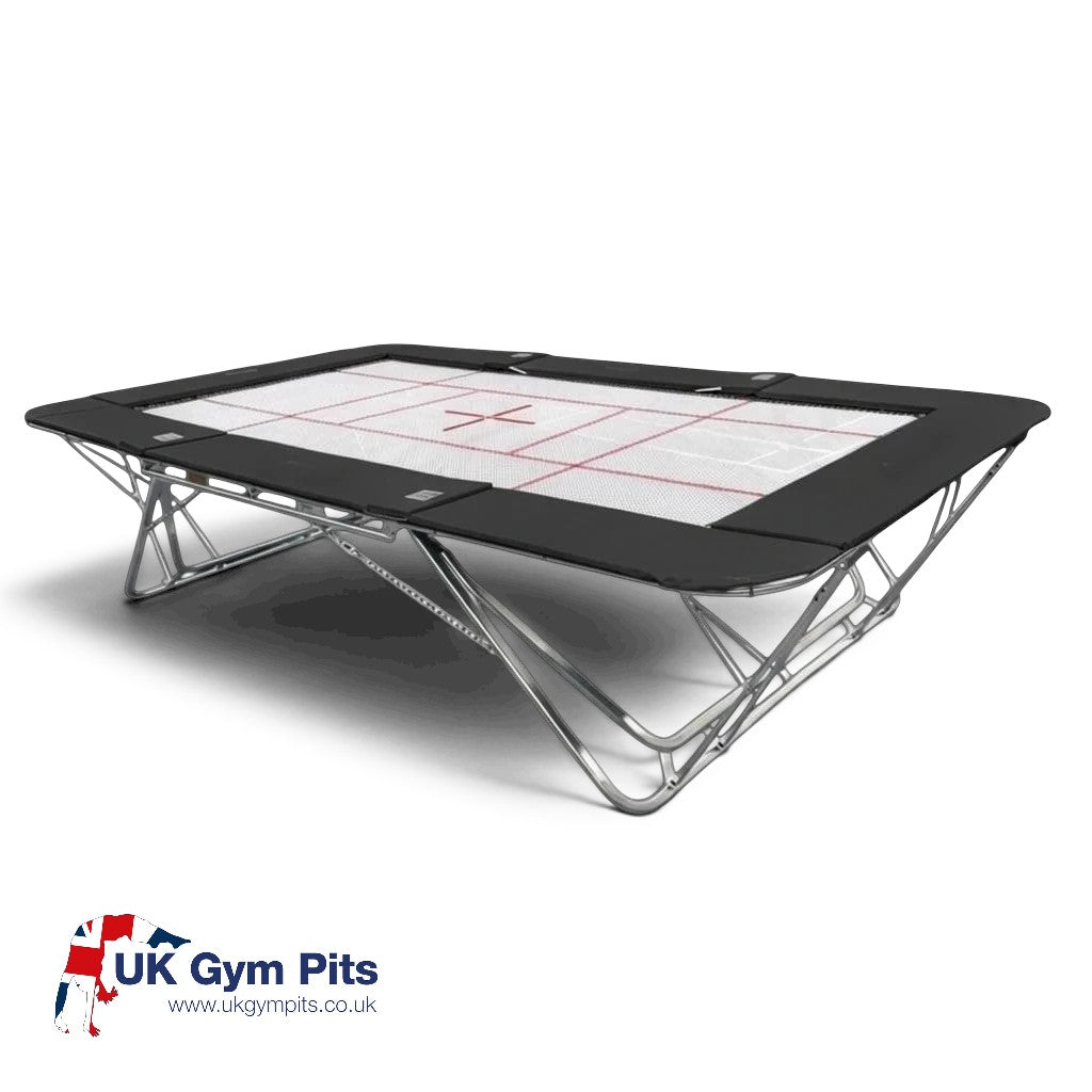 UK Gym Pits GM Extreme competition trampoline with a white 4mm by 6mm web bed and black protective frame pads