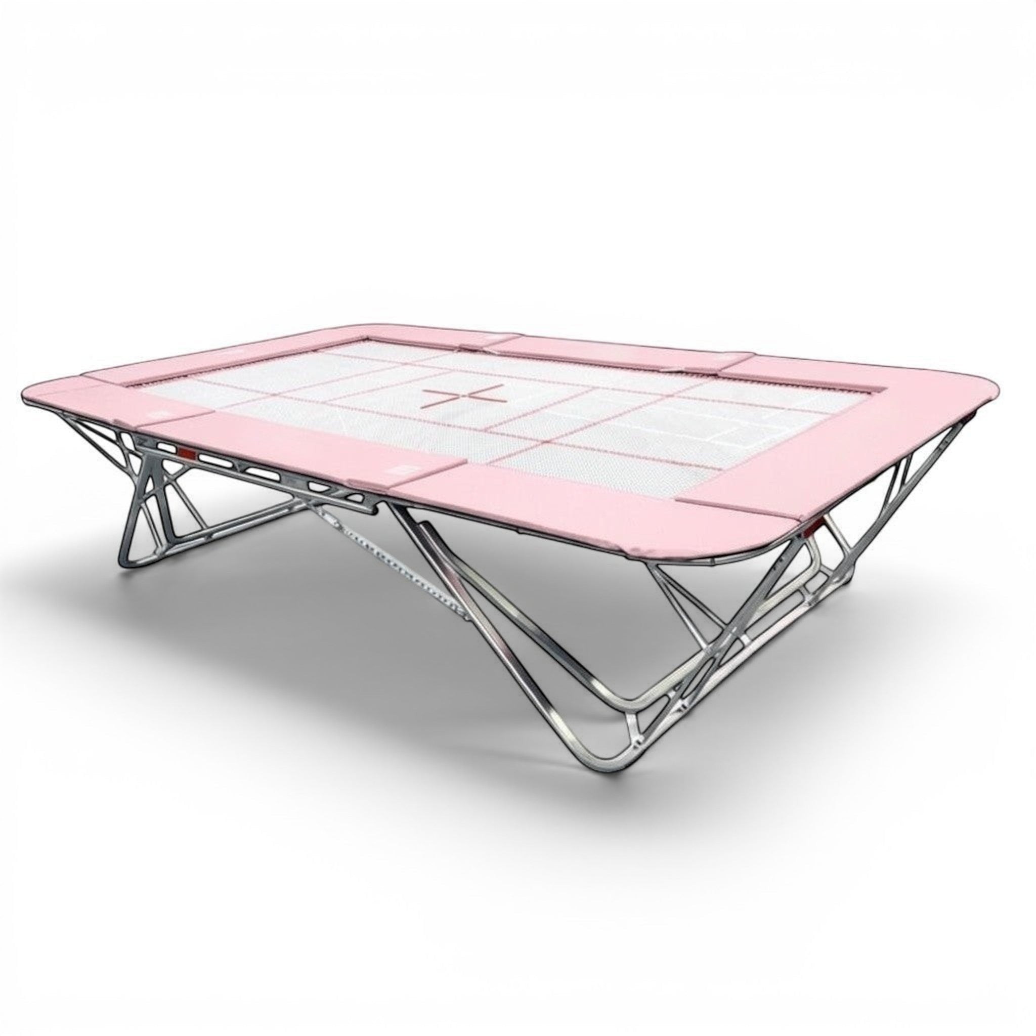 UK Gym Pits GM Extreme competition trampoline with a 6mm web bed and pink protective frame pads on a steel frame.